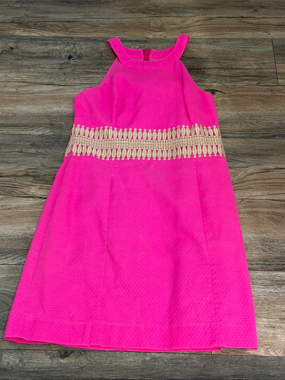Lilly Pulitzer Hot Pink Midi Dress with Gold Embroidered Waist